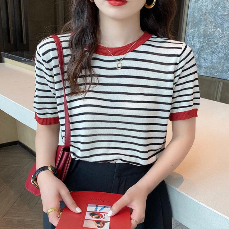 Ice Silk Short-Sleeve Knit Striped T-Shirt for Women, Plus Size Korean Style Summer Chic Top