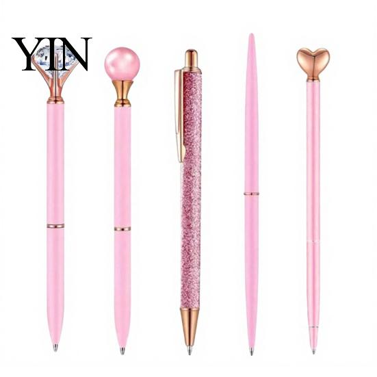 Refillable Metal Ink Pen 5PCS Diamond Ballpoint Pens, with Sparkling Rhinestone Decor, Smooth Press Mechanism Writing Pen, for Kids Adults Stationery