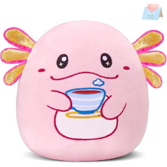 Axolotl Stuffed Animal Pickle Toy Cute Squishy Plushie Kawaii Food Snackles Plush Pillow with Home Room Decoration Cute Toy Birthday Gift for Kids, Axolotl With Coffee