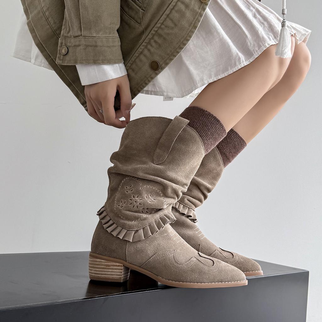 Fashion 2025 new Autumn Western Boots Cow Suede Leather Women Shoes Pointed Toe Chunky Heel Women Boots Mid-calf Chelsea Boots Retro