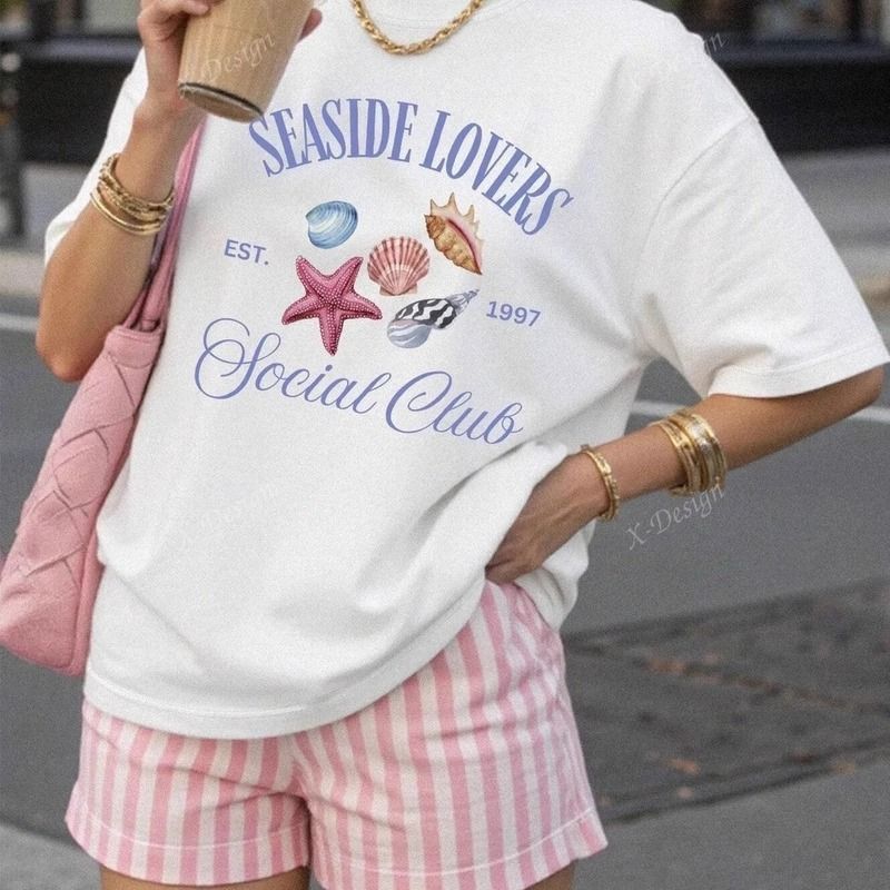 

Retro Vintage Fun Starfish Shell Print Tshirt INS Style Loose Fit Short Sleeved Graphic Top Cotton Women Tshirt Female Clothing S