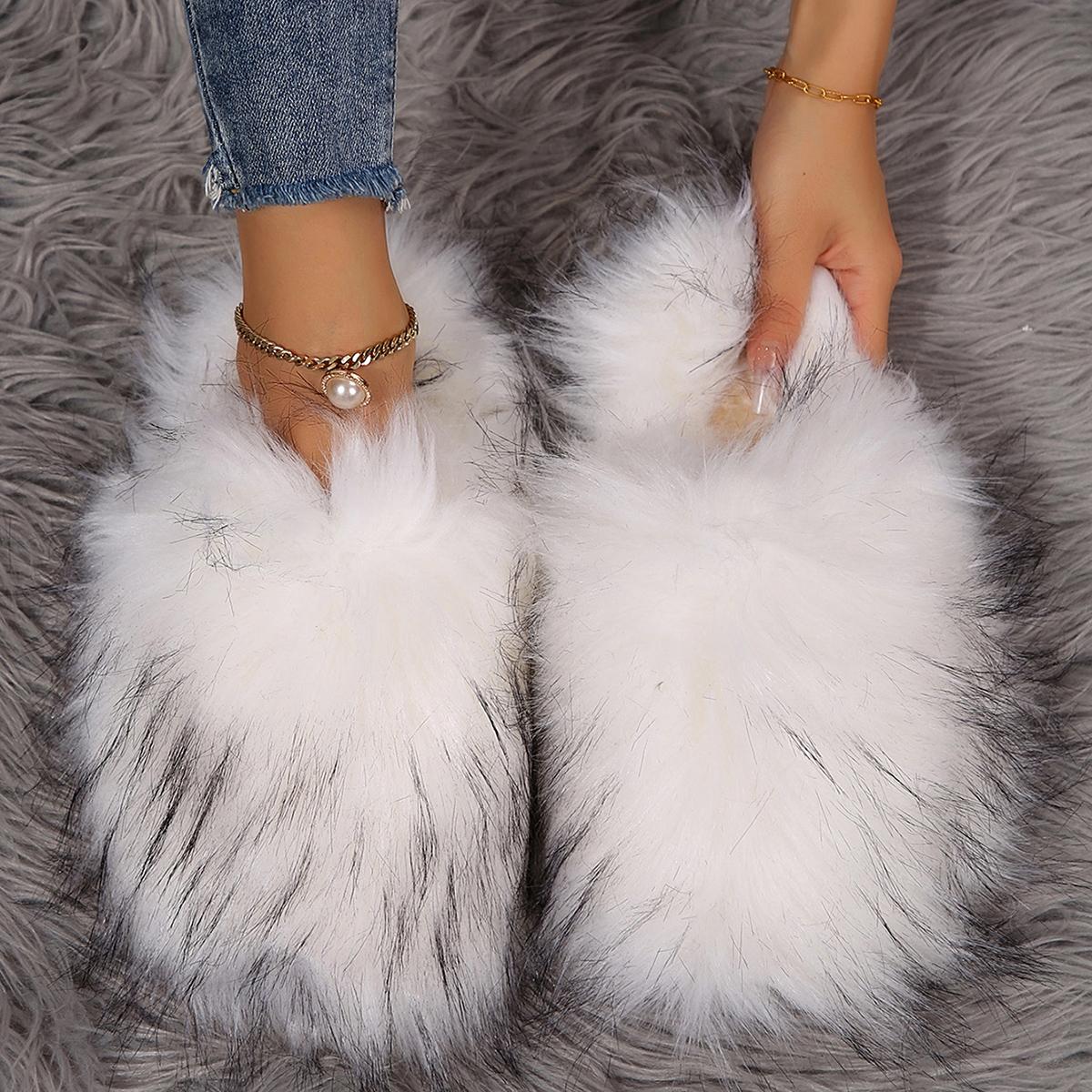 

Fashion Luxury Bicolor Fur Mules Woman Winter Closed Toe Fluffy Slippers Ladies High Quality Two-Tone Thick Plush Outdoor Slide Shoes 42-43(Inner26.5cm) белый