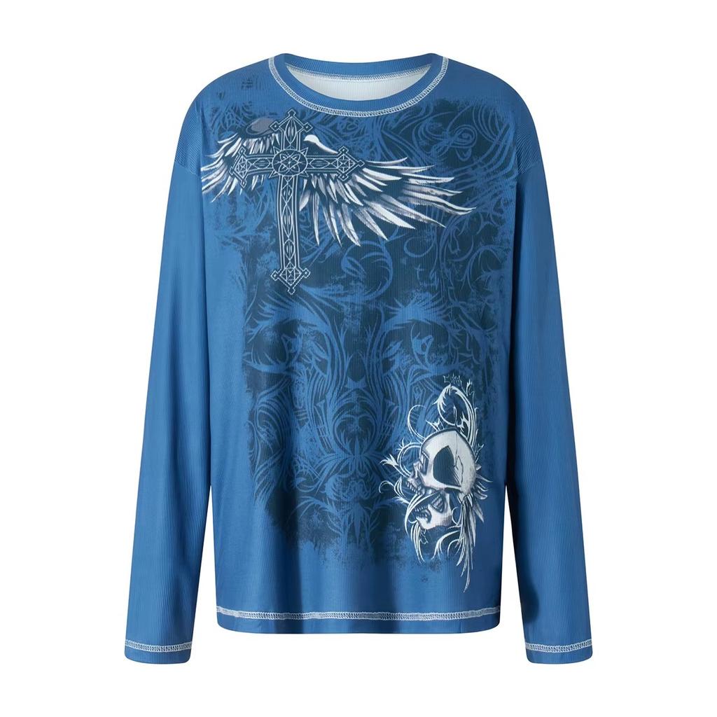 TrendHub Y2k Long Sleeve Tops for Women Grunge Aesthetic Baggy Tees Shirt 2000s Vintage Rhinestone Graphic Print Tops Emo Clothes