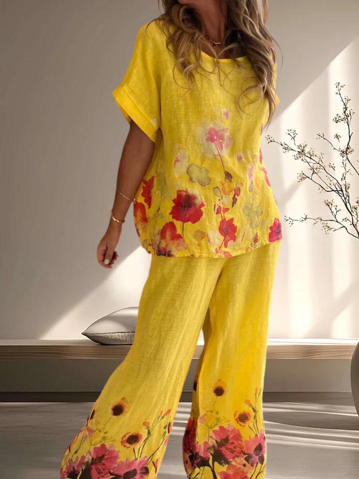 2026 Ethnic Print Cotton Linen Short Sleeve Women's Retro Suit