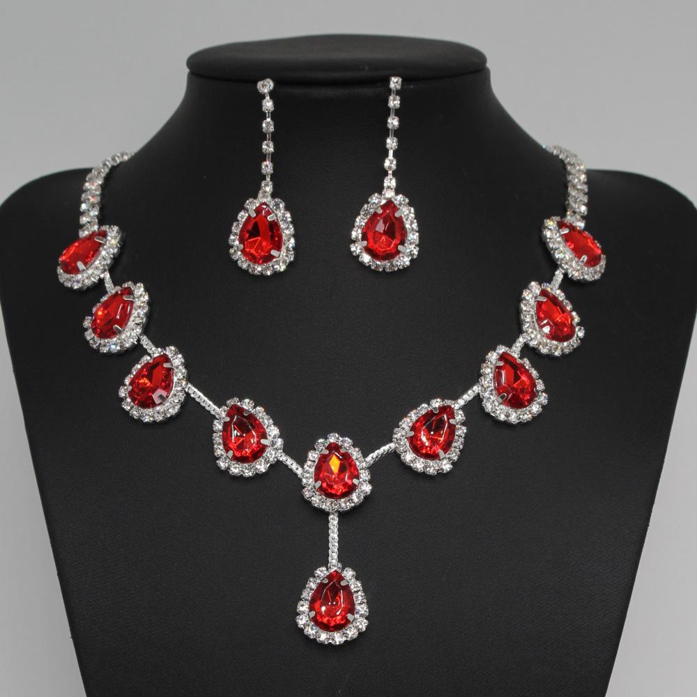 European & American Fashion Colored Diamond Teardrop Necklace & Earrings Set - Bridal Jewelry