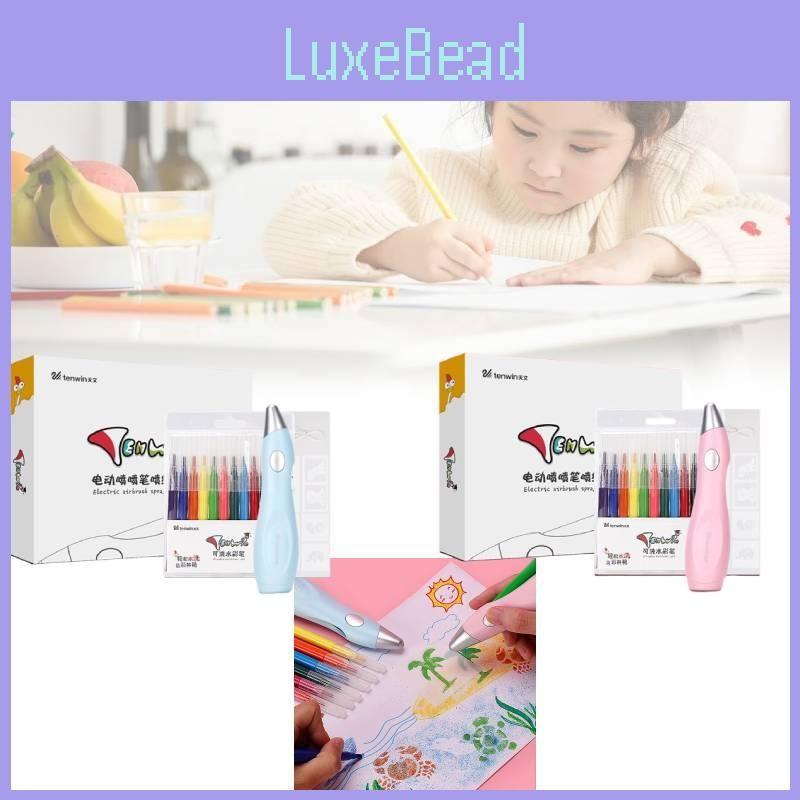 Paint Spray Electric Pen Airbrush Set Children 12 Felt Pens 19 Stencils Drawing