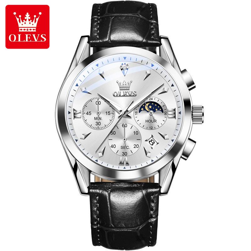 OLEVS Original Moon Phase Chronograph Man Watch Leather Strap Waterproof Luminous Luxury Brand Quartz Wrist Watches for Men