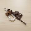 INS Pearl String Leather Cat Pendant Cartoon Cute Key Ring Bowknot Creative Bag Hanging Charms Backpack Charms