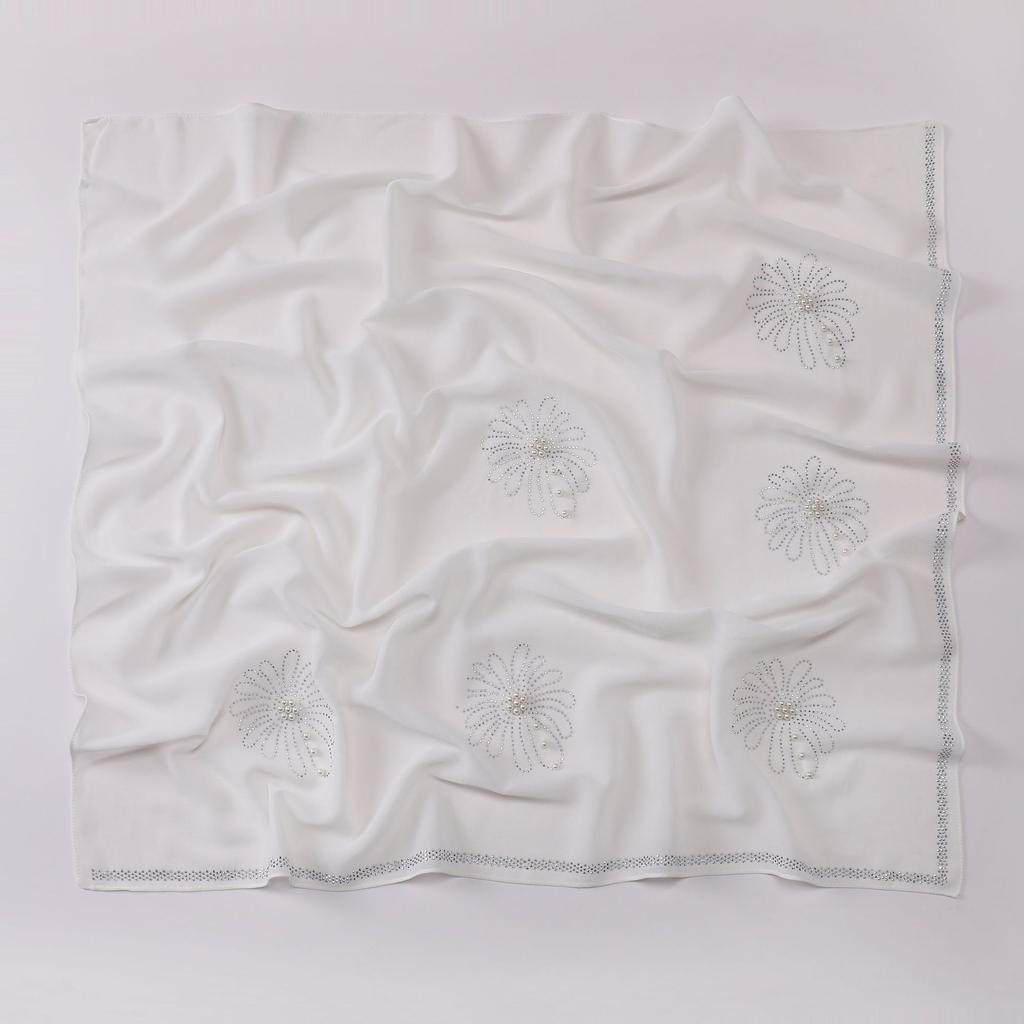 New Pearl Chiffon Daisy Rhinestone Beaded Square Scarf For Women