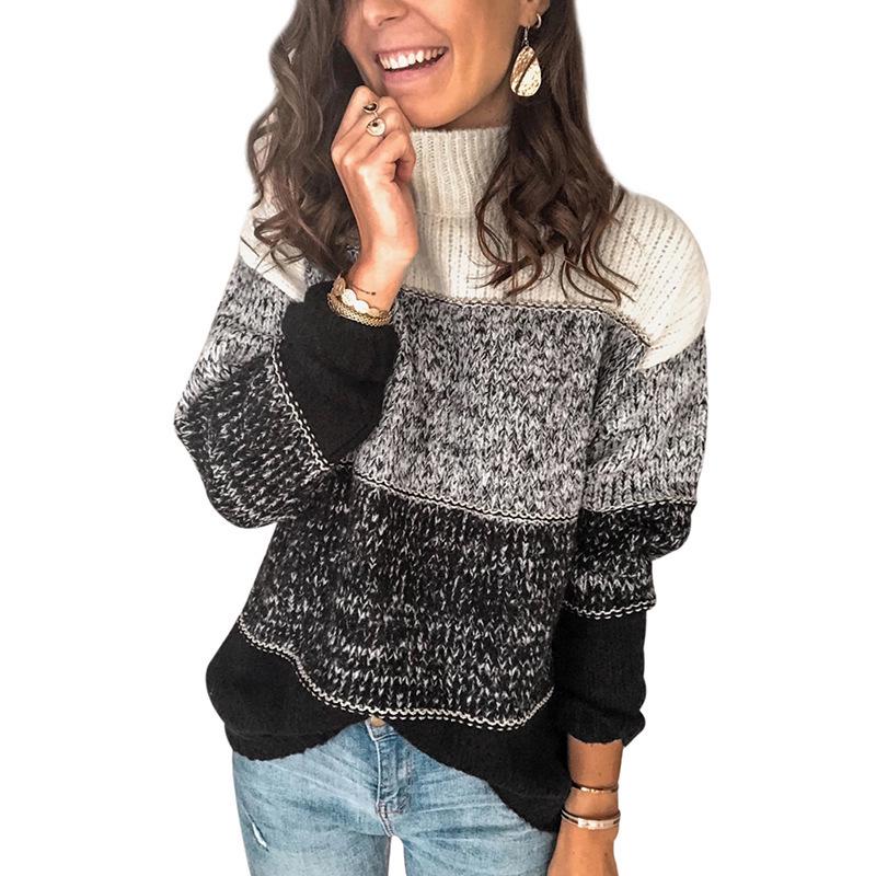 2020 Autumn New Women's Casual High Neck Striped Color Block Sweater