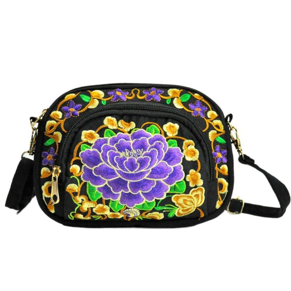 Peony Embroidery Flower Shoulder Bag Canvas Zipper Flower Purse Wallets  Daily