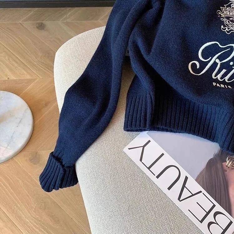 Buchstaben Stickerei Pullover Damen Frühling Herbst Rundhals Langarm Strickwaren Jumper Weiblich Korea Lässig Print Design Oberteile