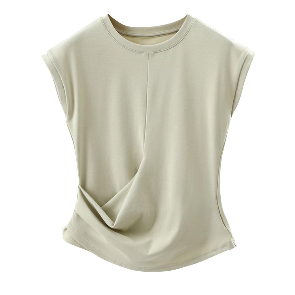 Dámské módní jednobarevné tričko s kulatým výstřihem, skládané tričko, vesta