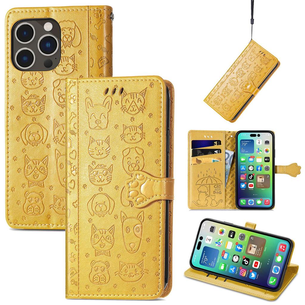 iPhone 16 Flip Leather Case - PU Embossed Cat Dog Design - Compatible with Apple 15