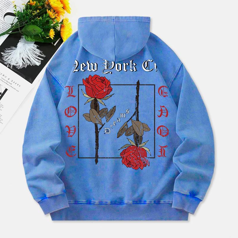 Rose Washed Hoodie Womens Vintage Letter Print Cotton Streetwears Distressed Oversized Pocket Womans Clothes