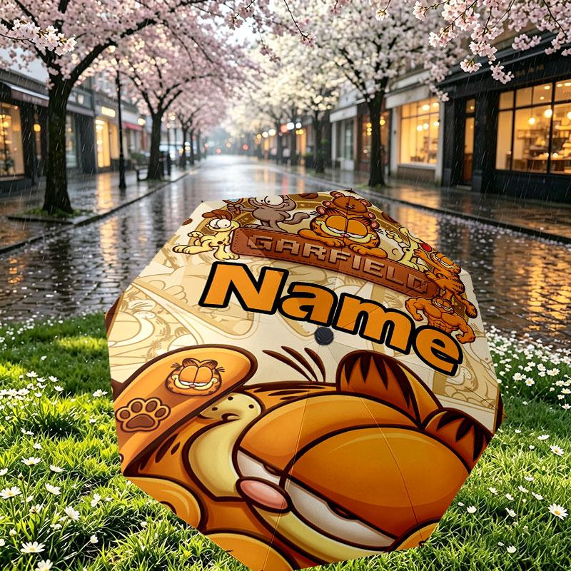 Personalisierter Garfield-Druckschirm mit individuellem Namen, Automatisches Öffnen und Schließen, Stabiler 8-Rippen-Rahmen, Für Pendeln, Camping, Wandern, Geburtstagsgeschenk