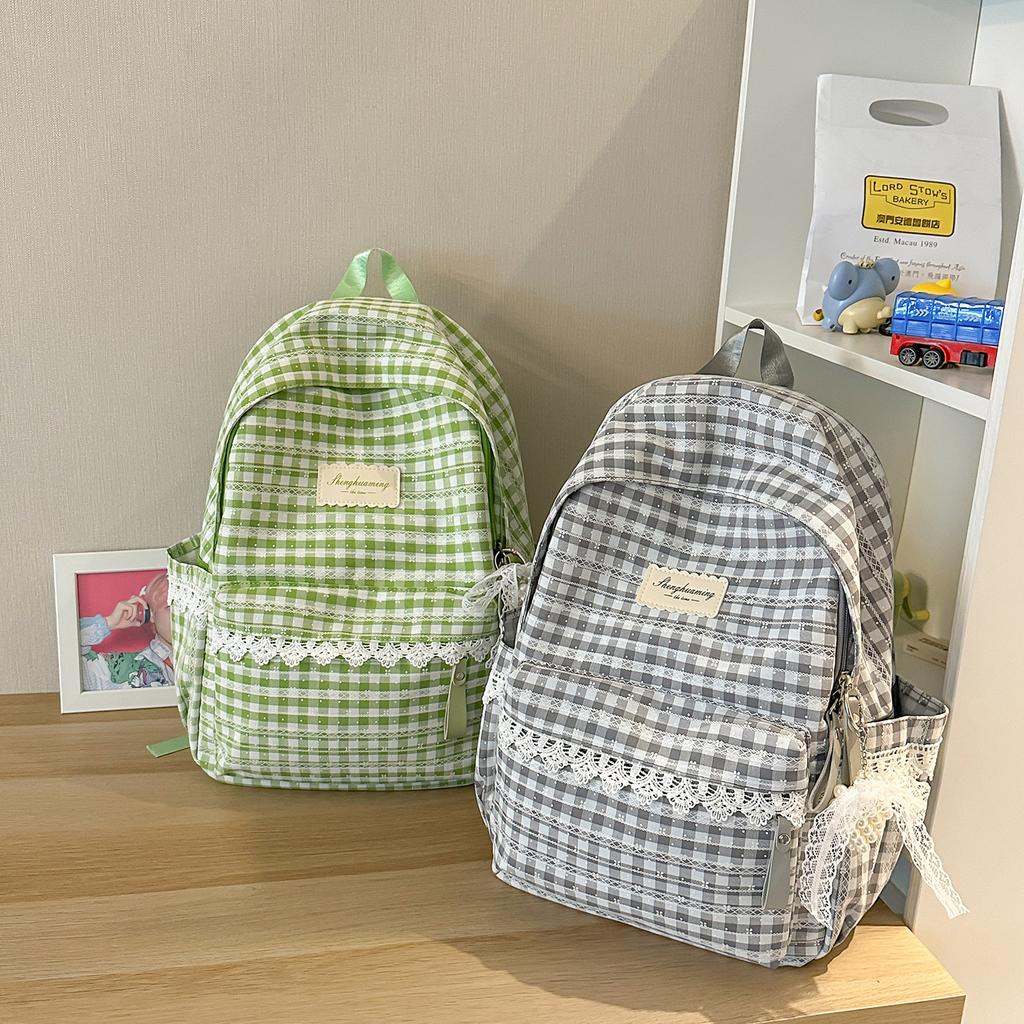 Schoolbag Korean fresh plaid corrugated backpack girl heart lace small schoolbag girls junior high school students female commuter bag