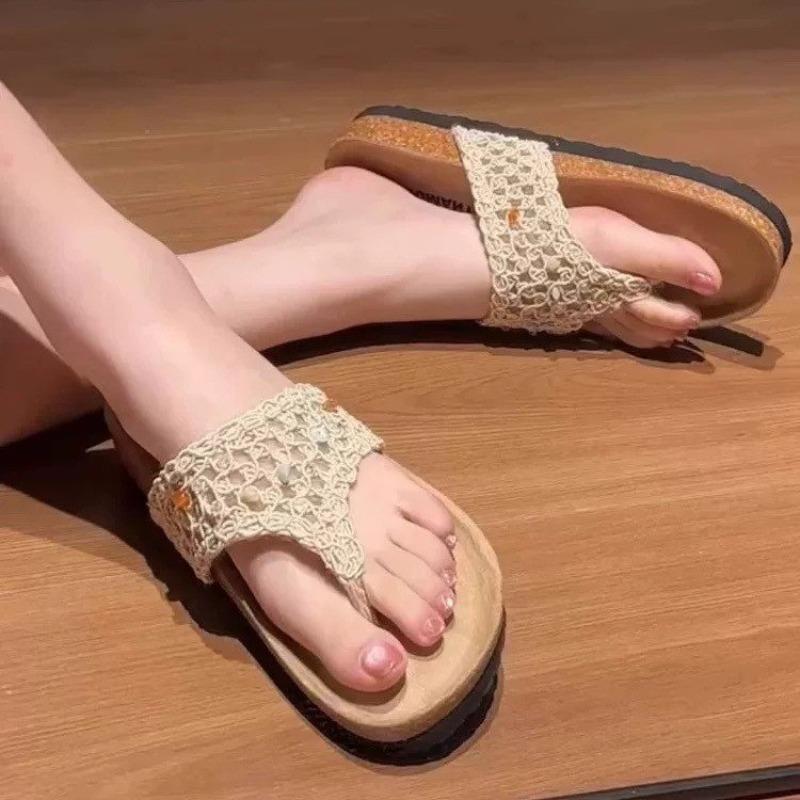 Woven flip-flops women's summer new versatile fashion pinch Birkenstock slippers flat bottom toe sandals women