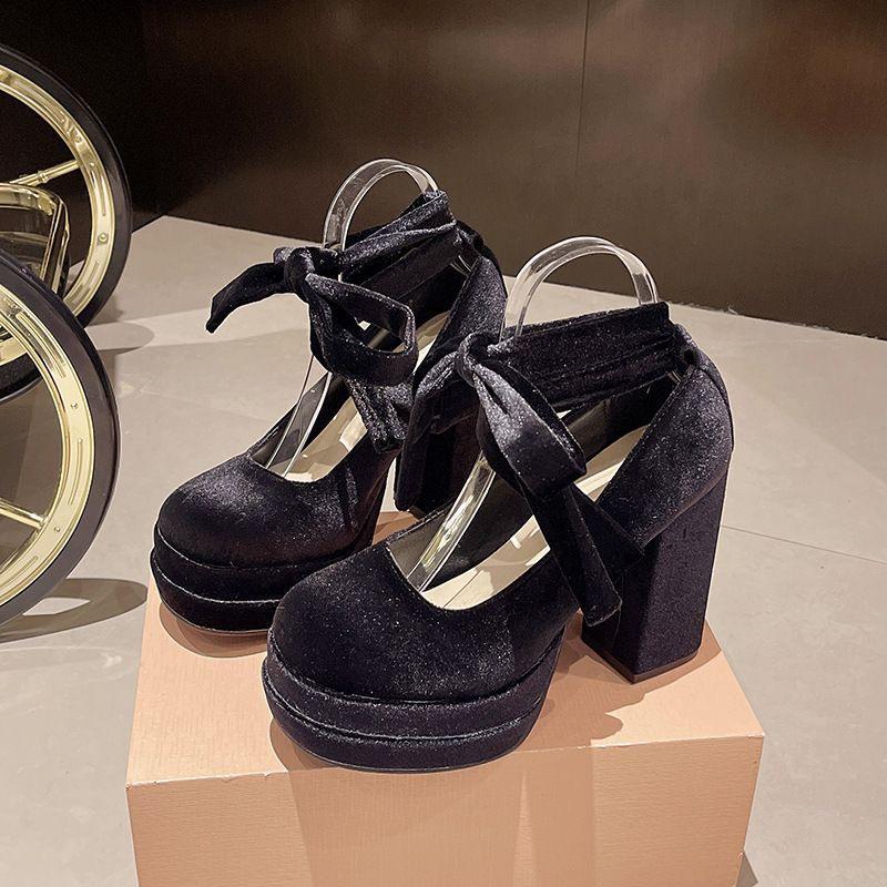 Mary Jane Women's High Heels, 2025 Autumn Collection: Shallow Wedding Shoes with French Cross Strap and Thick Heel.