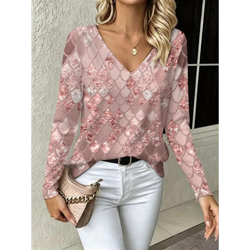 Autumn Women's 3D Geometric Printed V-Neck Long Sleeve T-Shirt