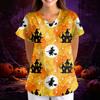 Women's Halloween Print V-Neck Short Sleeve Scrub Top with Pockets, Loose Fit