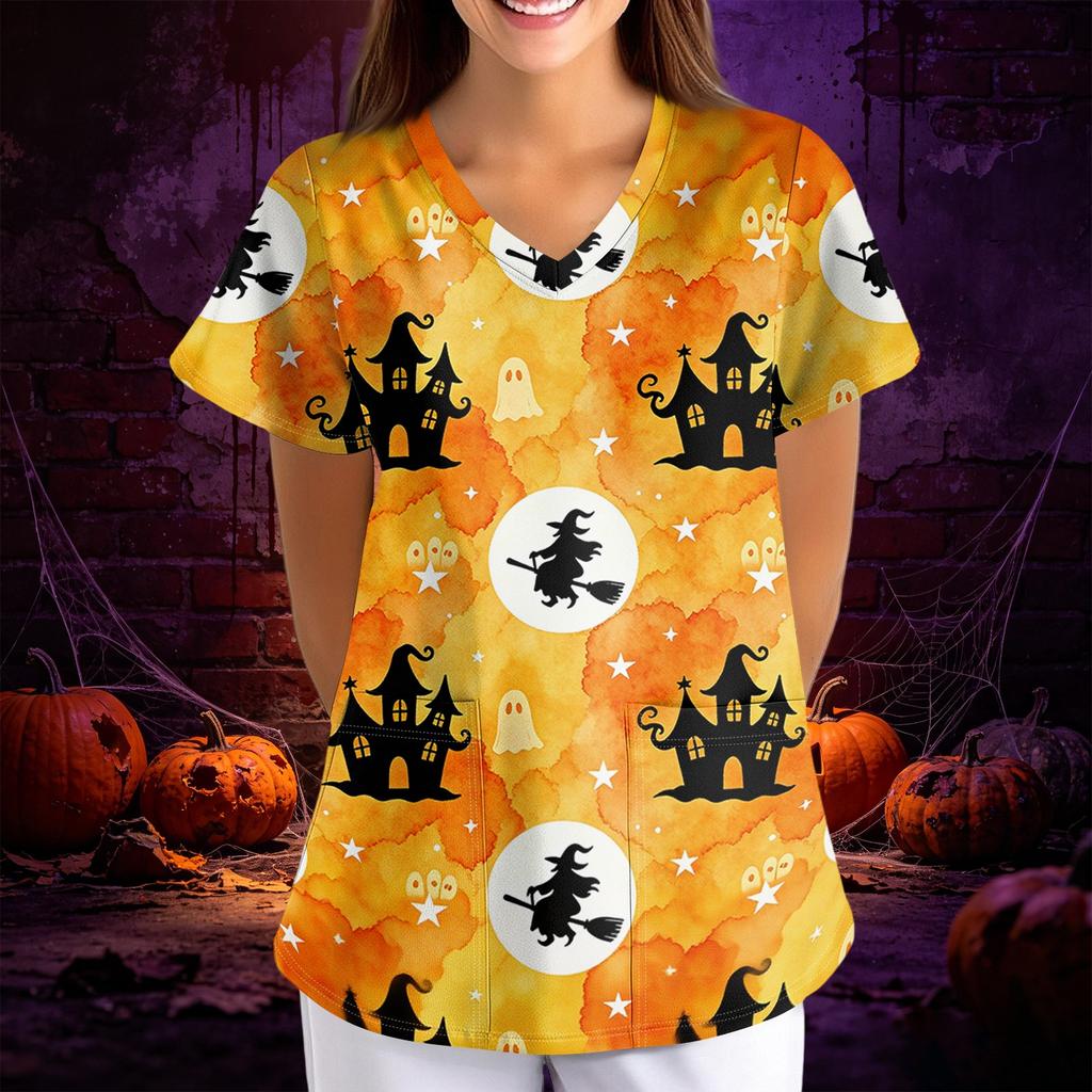 Women's Halloween Print V-Neck Short Sleeve Scrub Top with Pockets, Loose Fit