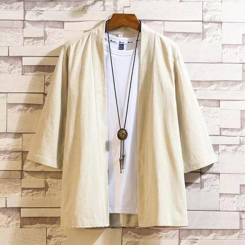 

Мужской льняной халат-халат Hanfu с рукавом три четверти в китайском стиле, мужская японская куртка-кимоно больших размеров M