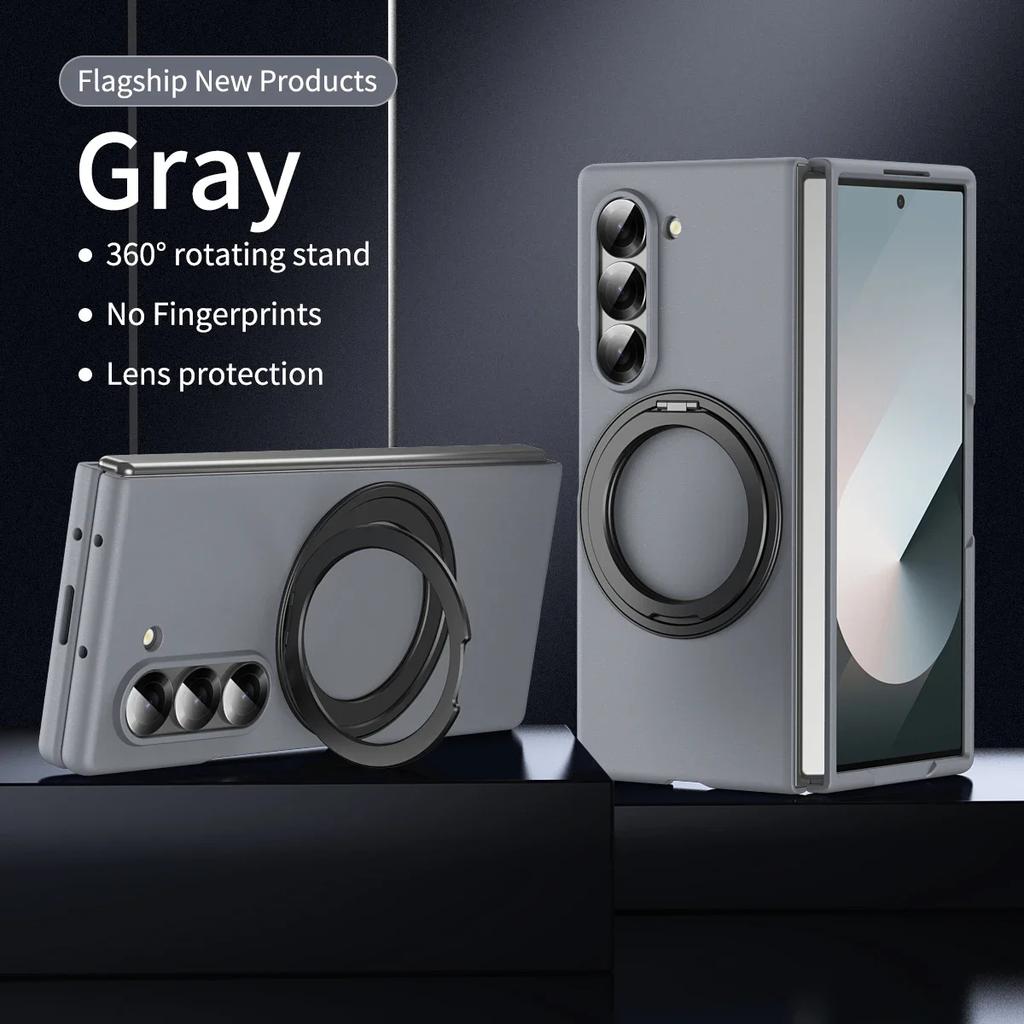 360°Ring Metal Holder Skin Feel Matte Case for Samsung Galaxy Z Fold 7 6 5 4 3 Magsafe Magnetic Wireless Charging Bracket Cover
