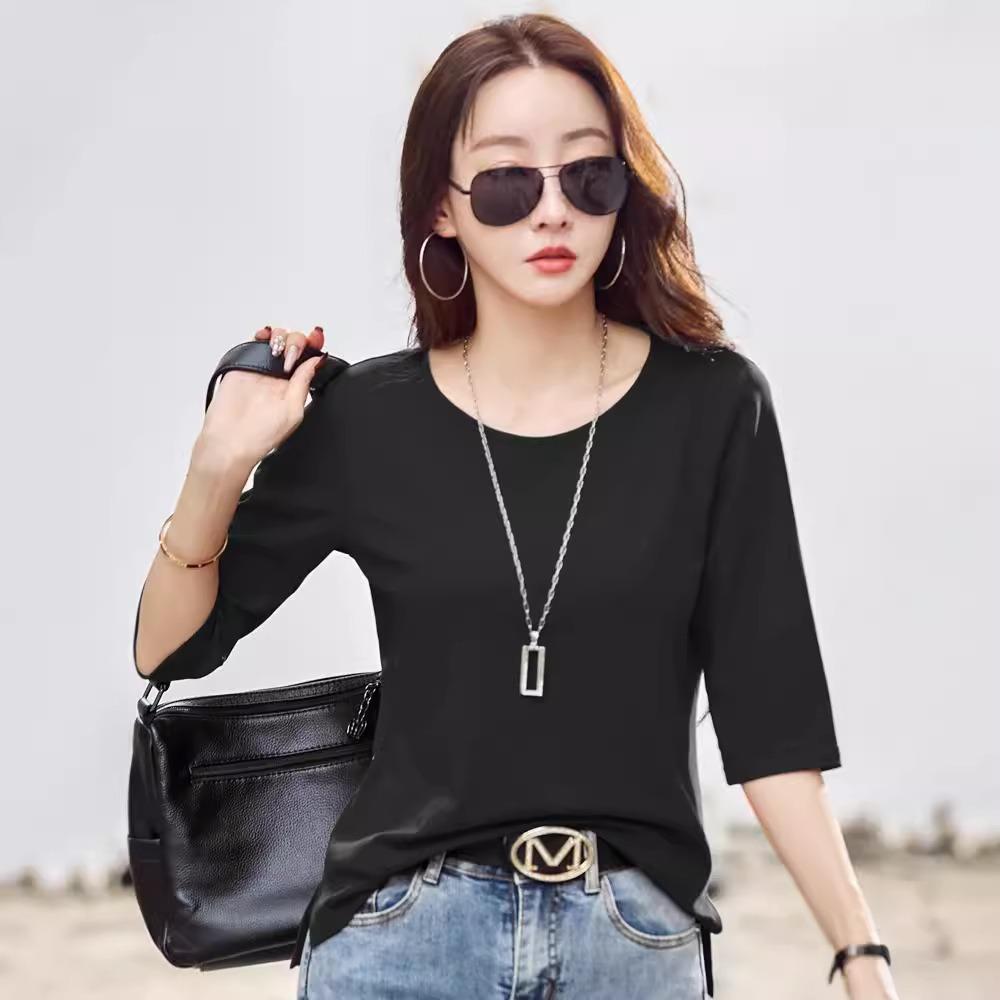 Women's Summer T Shirt Women Cotton O-Neck Streetwear Tshirt Short Sleeve Solid Color Three Quarter Sleeve Tee Shirt Femme Sexy