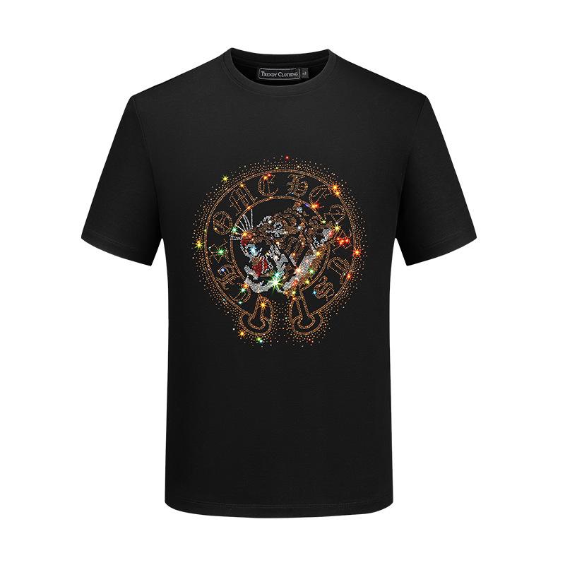 Herren Kurzarm T-Shirt mit heißen Strasssteinen aus Glanzbaumwolle Übergröße Lockere Passform Stilvolles Oberteil für bequemes Tragen