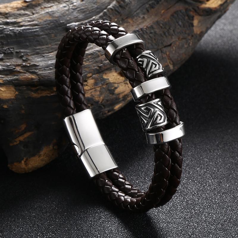 Viking Norse Runes Amulet Double-Layer Stainless Steel Men's Leather Bracelet Norse Mythology Jewelry