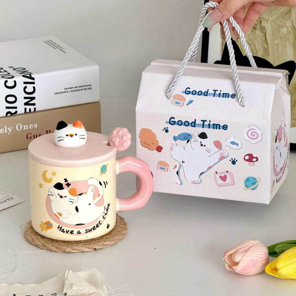 Cute Cat Birthday Gift Cute Cat Mug with Lid Couple Water Cup High Looking Best Friend Ceramic Cup