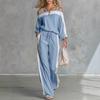 Europese en Amerikaanse dames vierkante hals off-shoulder lange mouwen losse top en elastische taille losse wijde pijpen broek katoen en linnen set