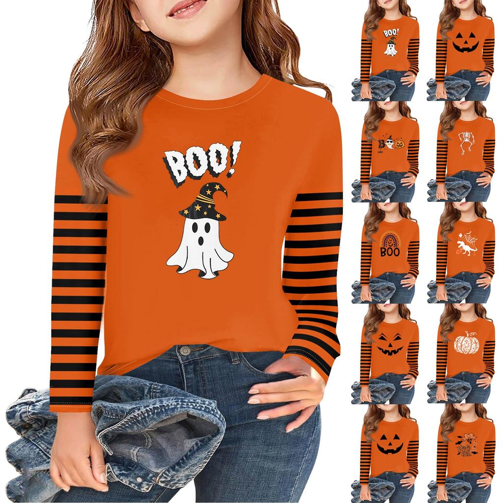 Jenter Langermet Halloween Dag T-skjorter Barn Høst Topper Rund hals Basic T-skjorter 2-11Å