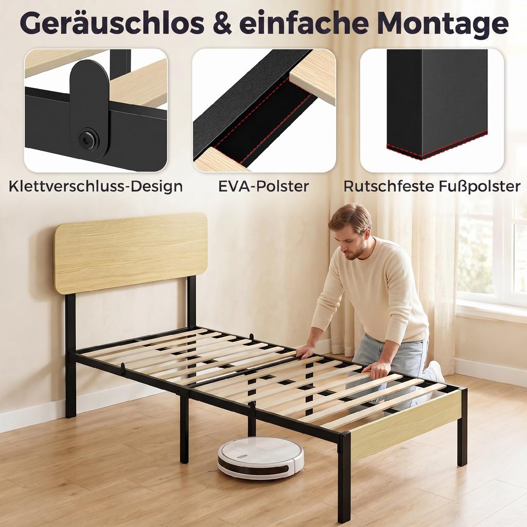 Bed Frame 90 X 200 Cm with Headboard, Platform Bed, Single Bed with Under-Bed Storage