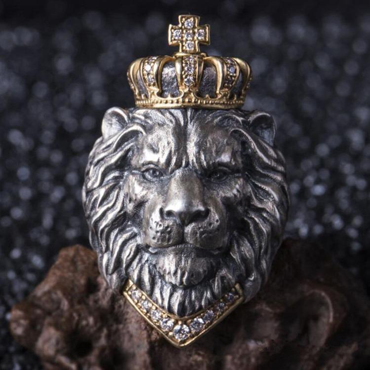 Avrupa ve Amerikan Retro Aslan Başlı Erkek Yüzüğü - Açık Haç Taç Simba Tasarımı