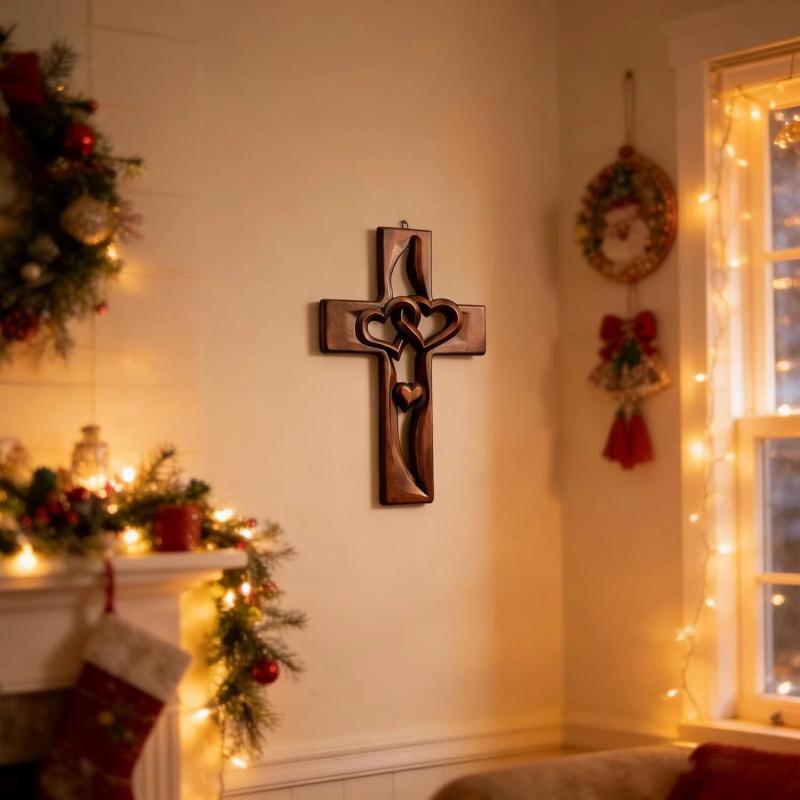 Hand-Carved Intertwined Hearts Wooden Cross, Hanging Hand Carved Marriage Cross
