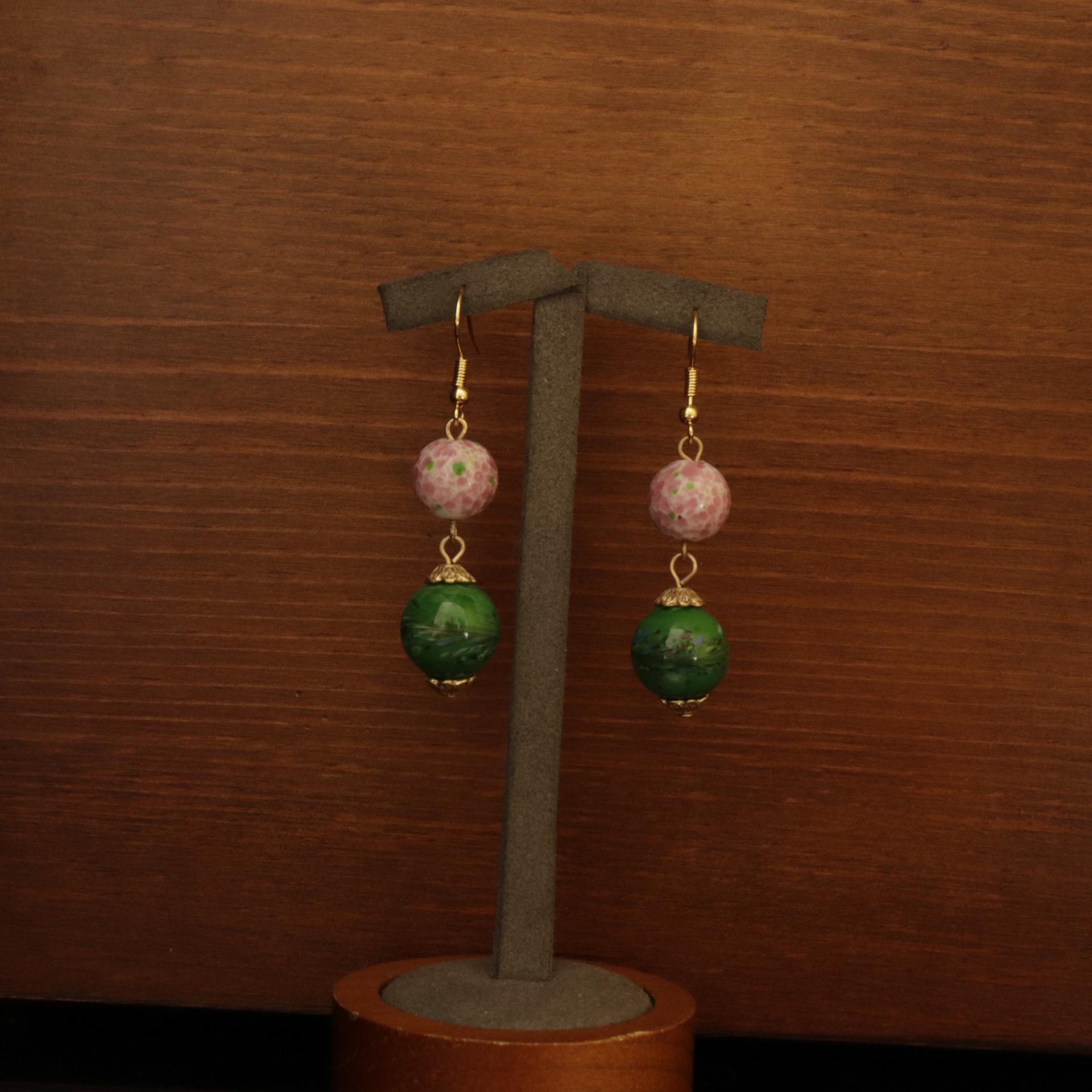 Vintage Chinese Court-Style Green & Pink Glazed Jewelry Set: Necklace & Bracelet