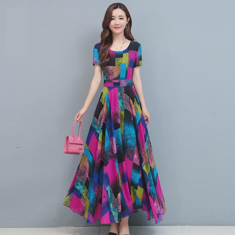 Dámské šaty áčkového střihu slim fit v korejském stylu: 2021 Letní tištěný krátký rukáv z ledového hedvábí