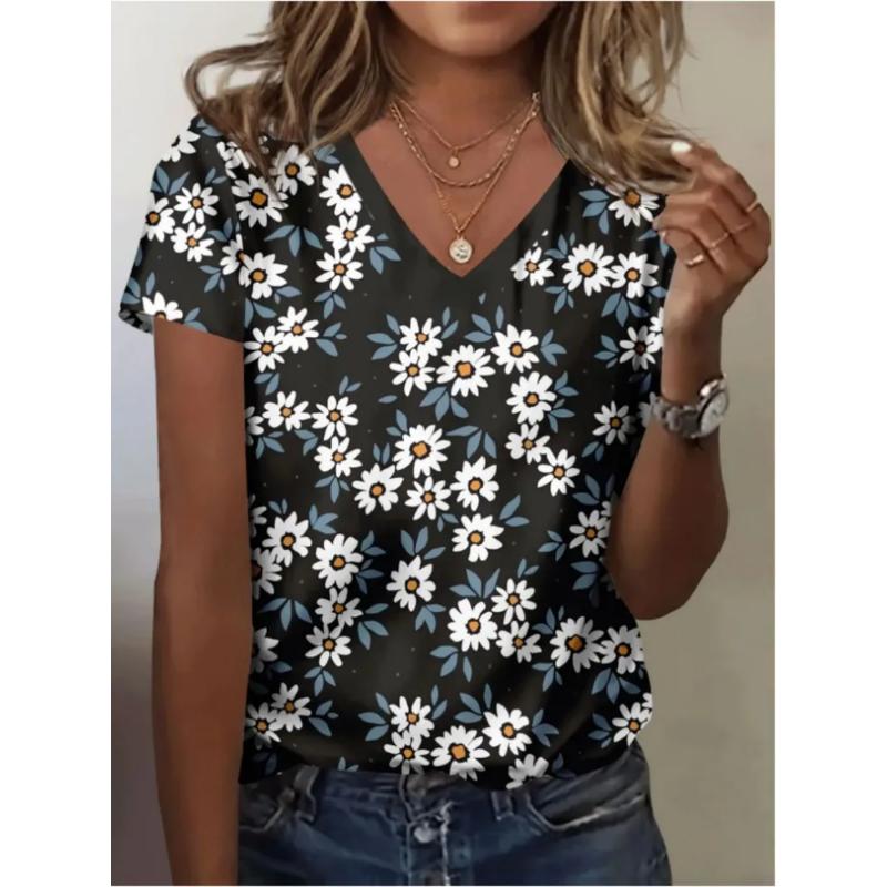Fashion Women's V-Neck Short Sleeve 3D Flower Color Printing V-Neck Flower Short Sleeve