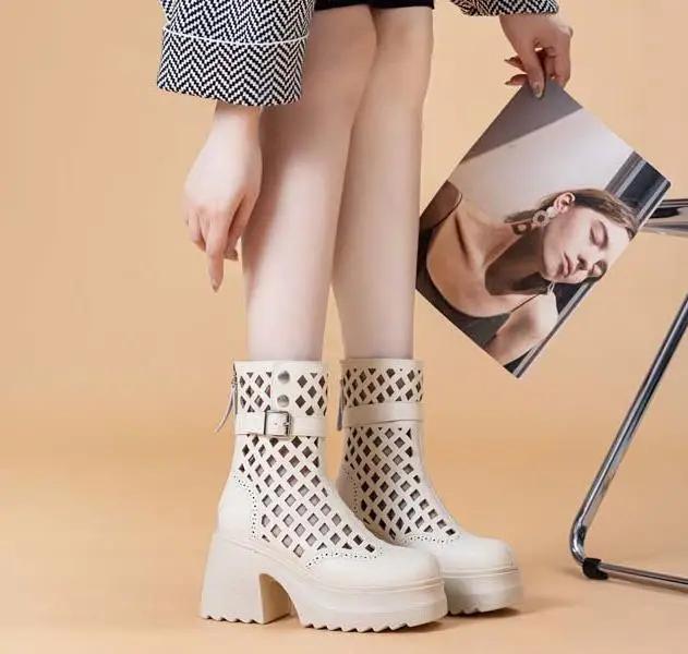 Fashion High Quality 10CM Genuine Leather Boots Chimney Sandals Hollow Ankle Booties ZIP Fashion Shoes Women Moccasins Summer Motorcycle