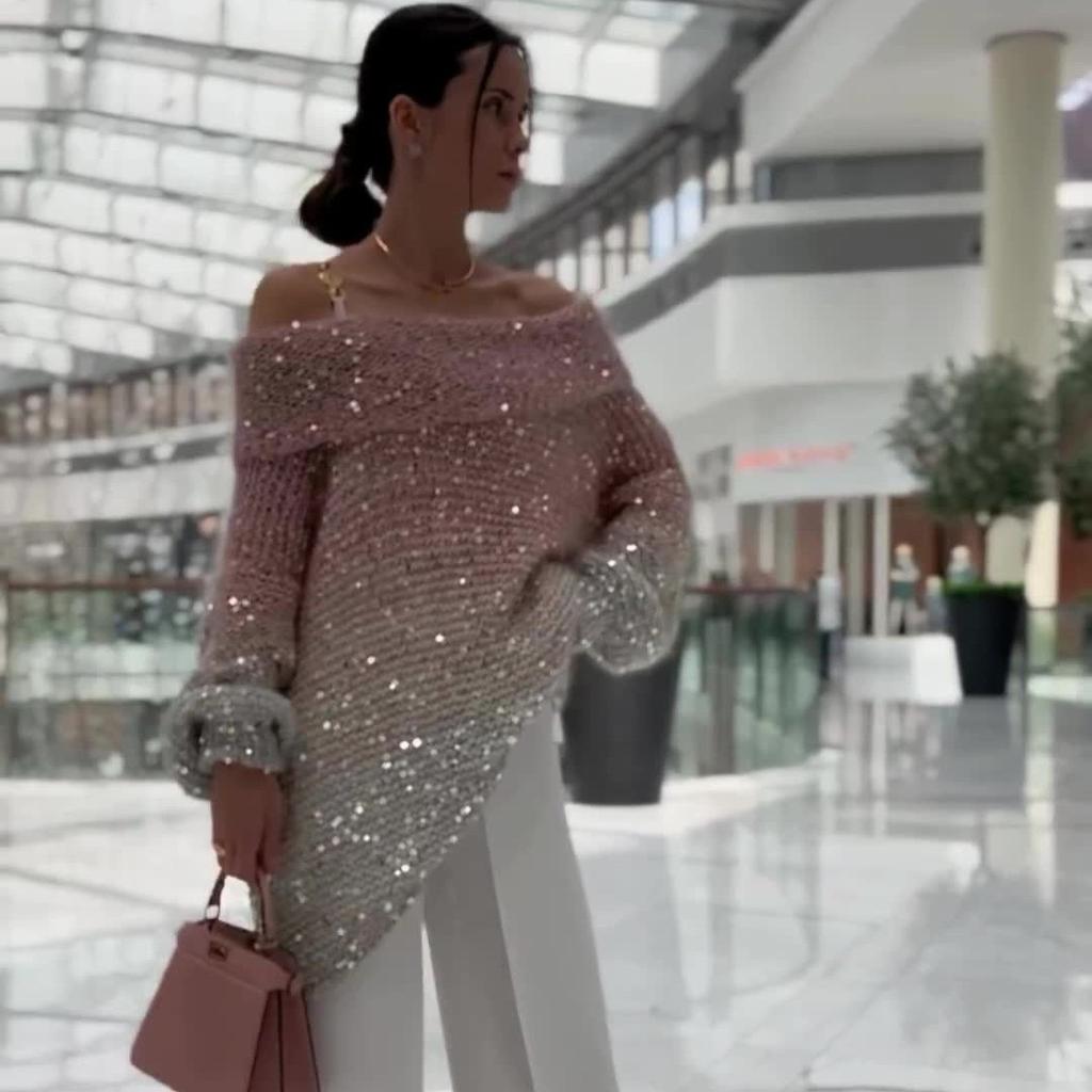 Women's Hooded V Neck Knit Sweater Loose Fit Lazy Style Sequin Embellished Long Sleeve Pullover Jumper For Autumn Winter