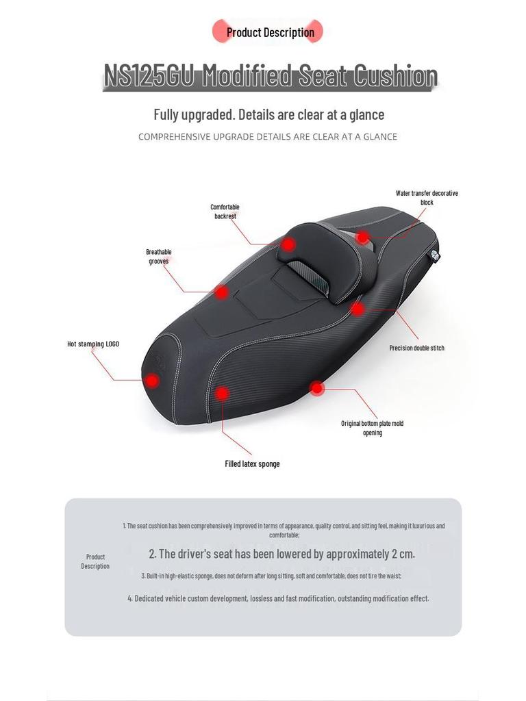 Compatible with Honda NS125GU SDH125T-45, Modified Leather Lowered Seat Cushion Assembly