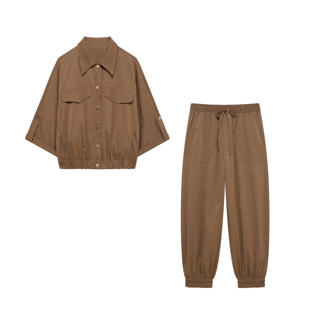 

2025 Spring Women s Simple Lapel Shirt & Loose Long Pants Set Small