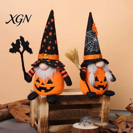Creepy Gothic Style Ornaments Halloween Plush Gnome Decoration, Spooky Orange Black Spider Web Bat Swedish Faceless Dolls Tomte Elf Figurine,