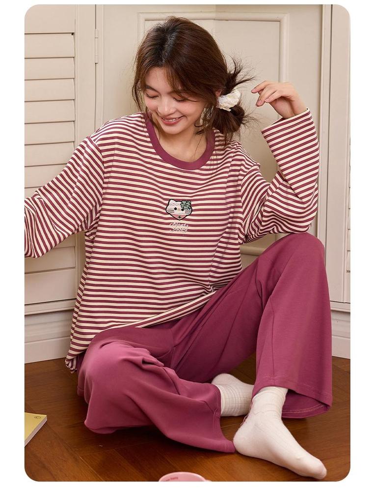 Women's Long-Sleeve Sweet Cartoon Homewear Set with Built-in Bra Pads - Spring/Autumn Cotton