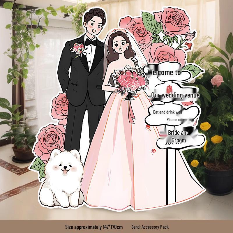 Welcome Sign Wedding Standee: Hand-Painted Cartoon Figure Poster Board for Event Decoration