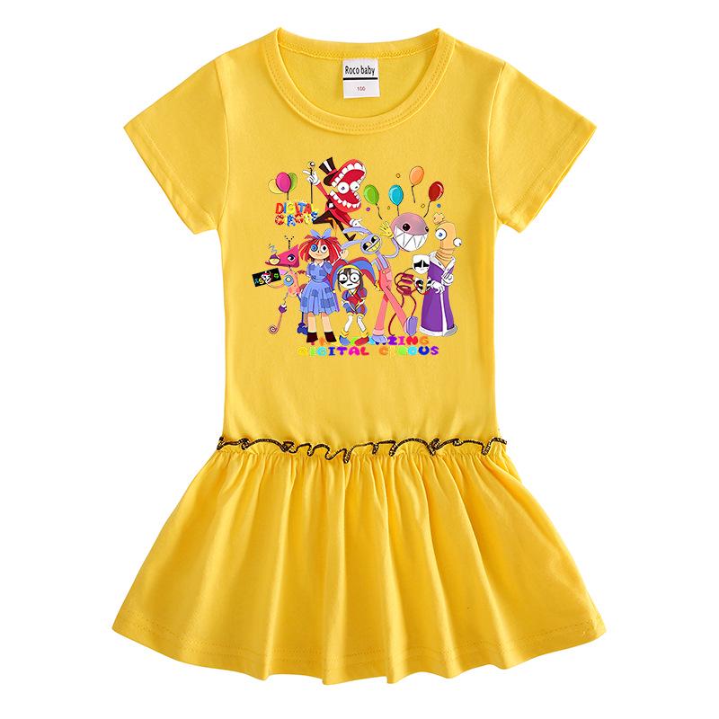 2026 Korean Style Kids' Cartoon Dress: Color Block Pleated Skirt with Short Sleeves for Girls