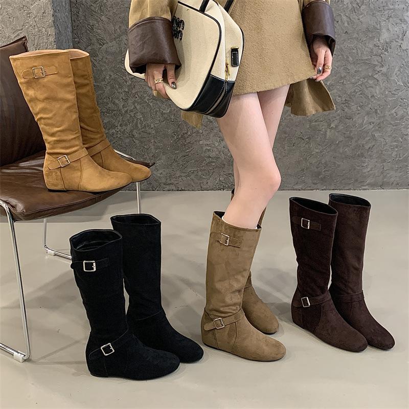 Mi Tingnei Height-increasing Pile Boots Women's Retro Western Belt Buckle High Boots Korean Versatile Flat Bottom Wide Boots