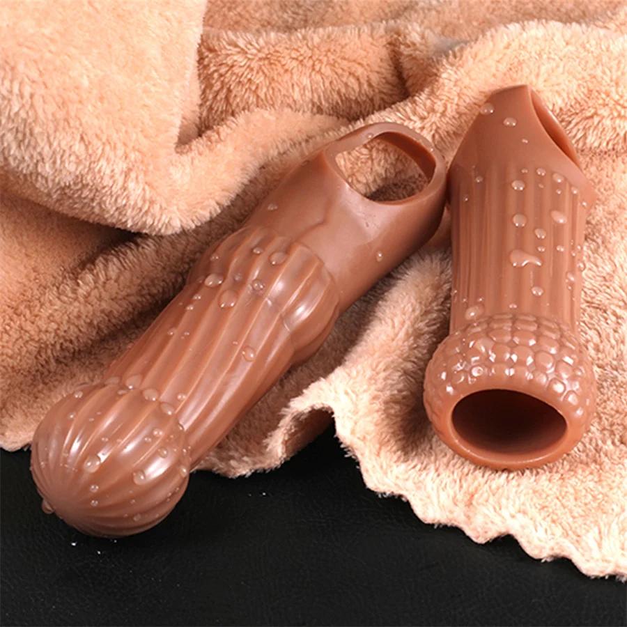 Reusable Penis Sleeves High Elastic Condoms Cock Soft Extender Enlargement Delay Ejaculation Sex Toys for Men Couple